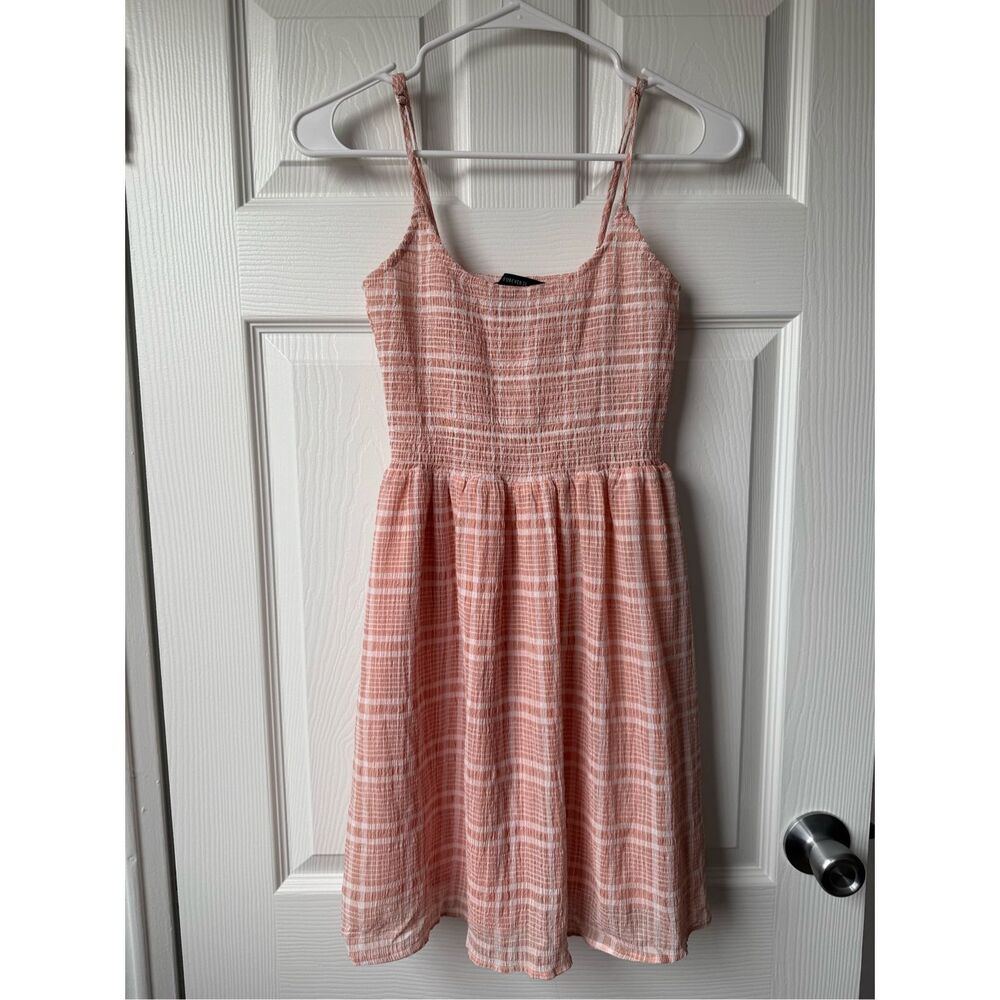 Forever 21 Dress Small Women's Peach White Mini Sundress Plaid Lined - Picture 1 of 4